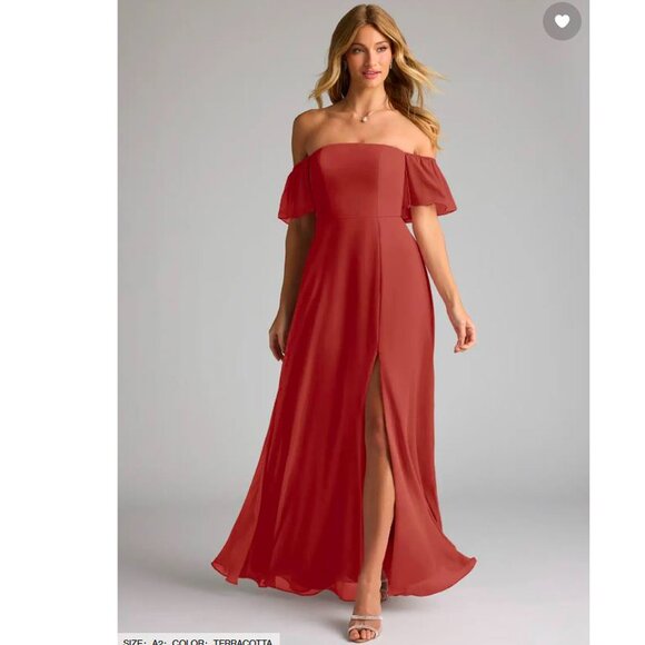 Azazie Sue Terracotta Chiffon Bridesmaid Dress Off Shoulder Flowy Sleeves - Picture 1 of 16